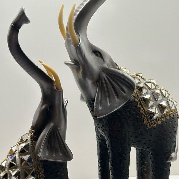 Vintage Mother & Baby Elephant Statue 17"x 7.5" Silver Gold-tone Metal & Wood - Picture 7 of 13